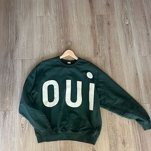 Clare V Dark Green 'OUI' Crewneck Sweater with Cream Lettering